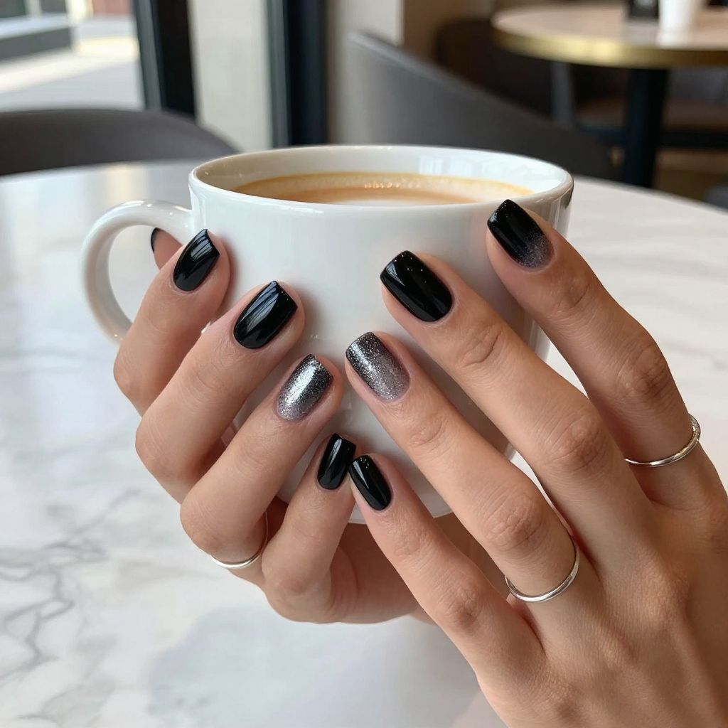 Black acrylic nails with silver glitter gradient