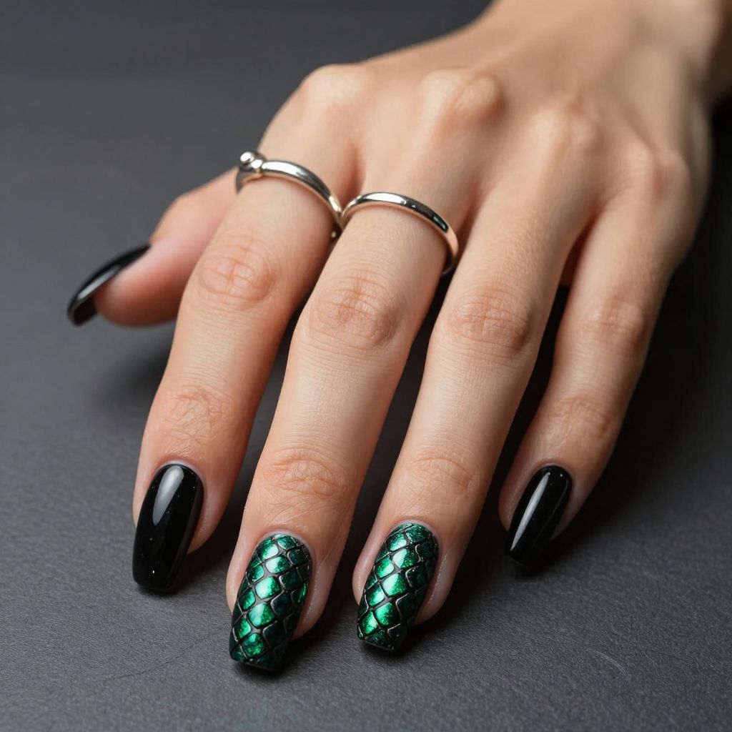 Black snake skin textured acrylic nails