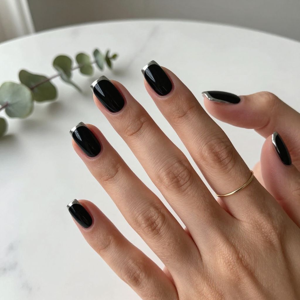 Glossy Black With Silver French Tips