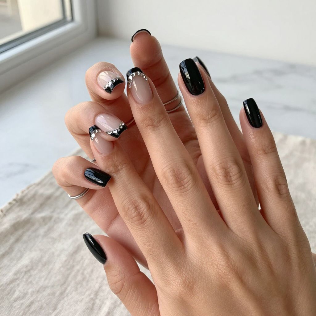 Black Nails With Silver Rhinestone Accent