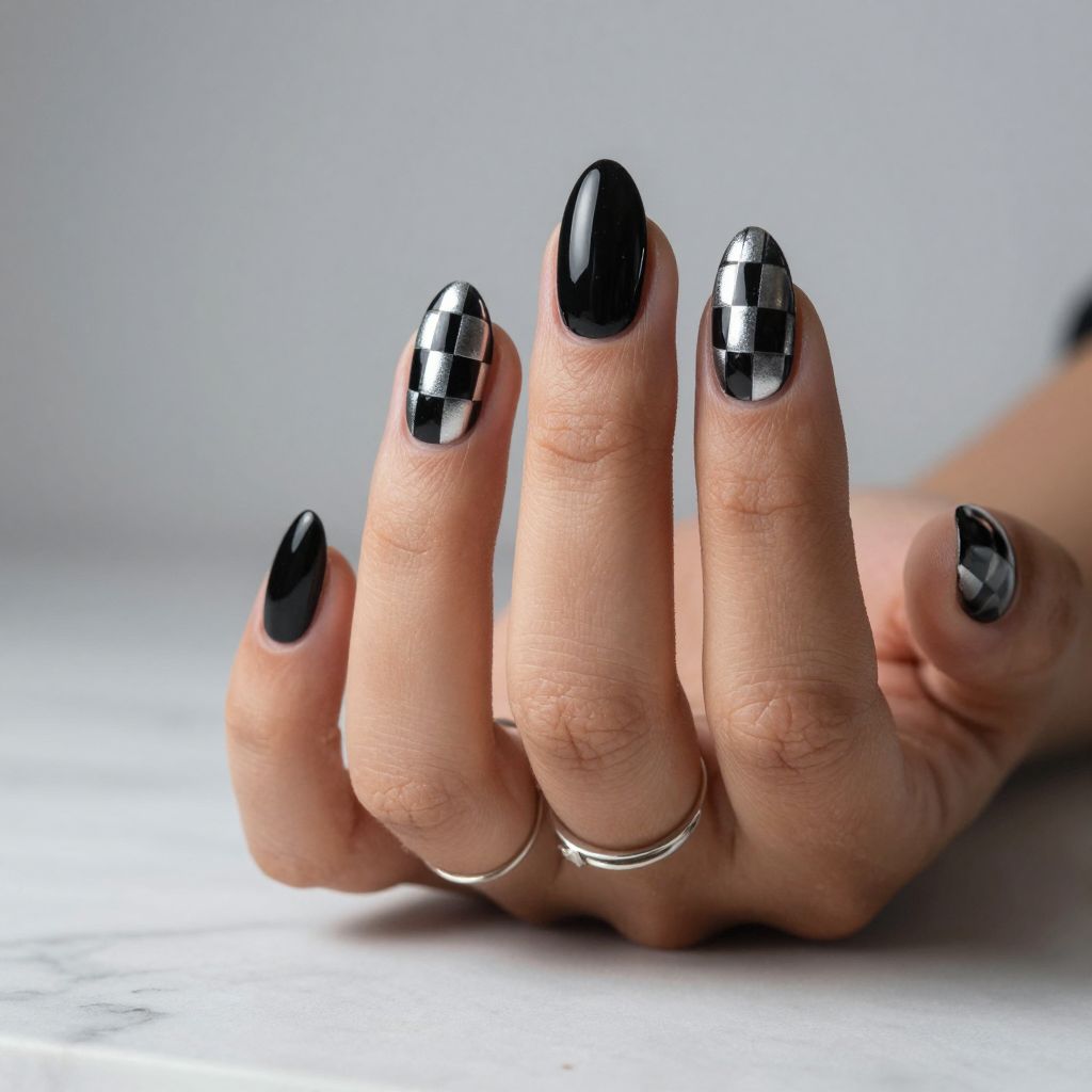Black And Silver Checker Accent Nails