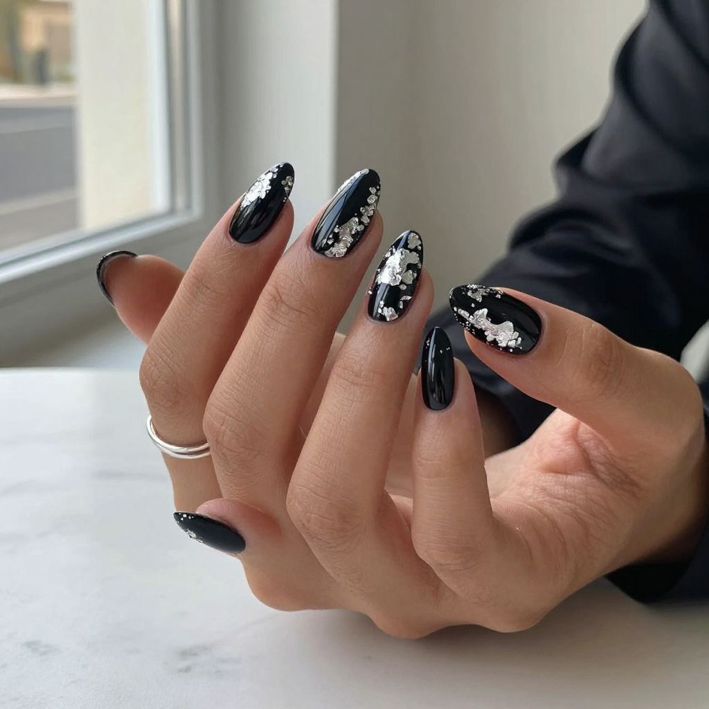 Black Chrome Nails With Silver Foil