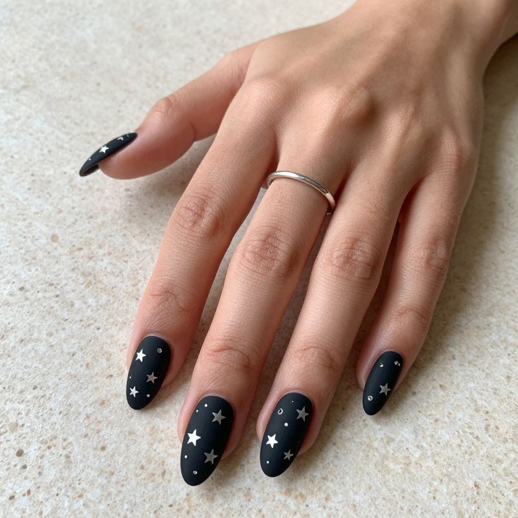 Matte Black Nails With Silver Stars