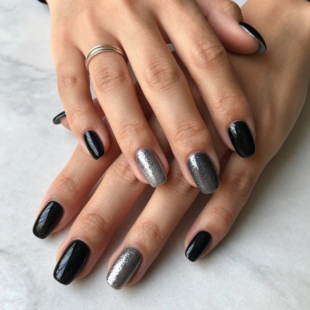 Black Nails With Silver Glitter Gradient