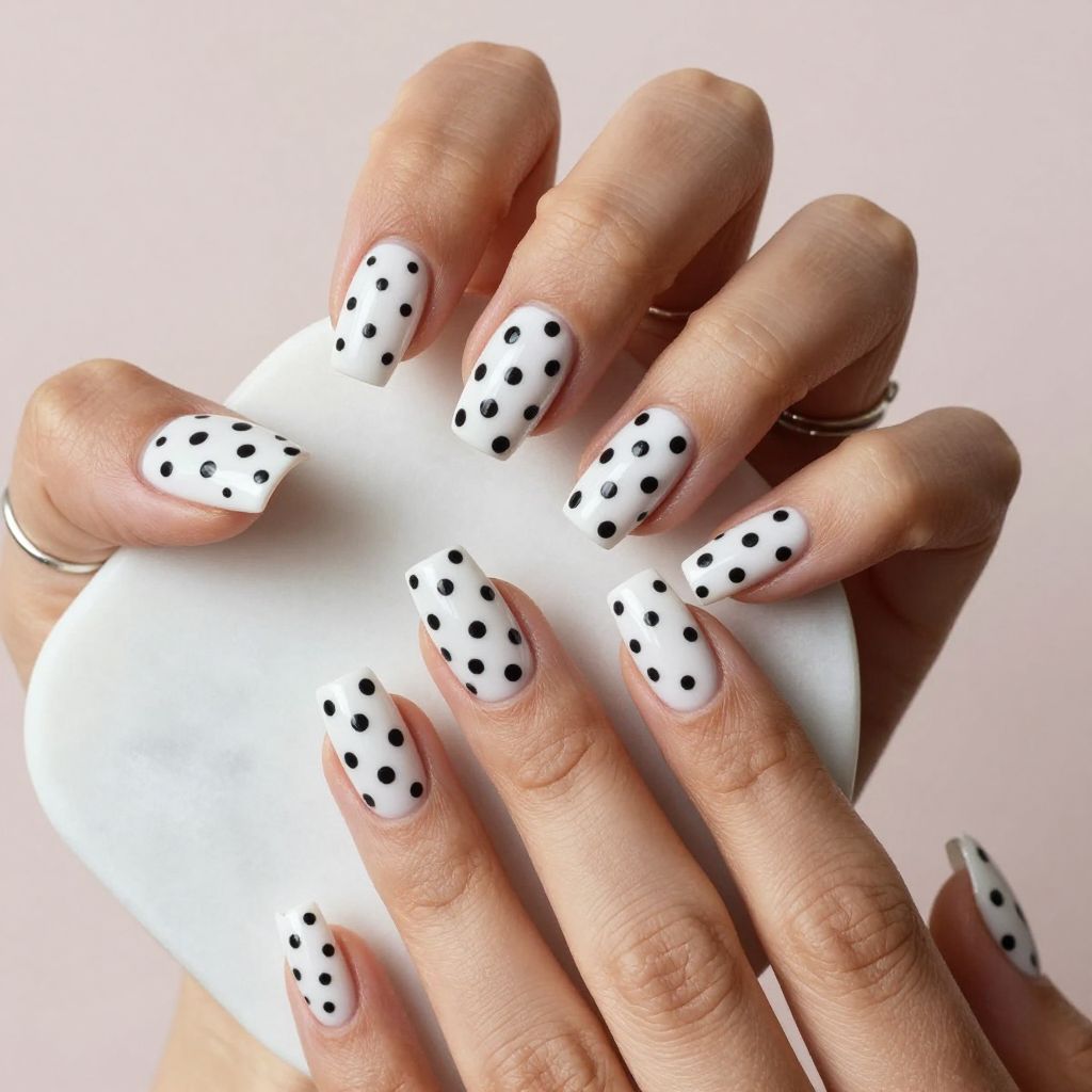 Polka Dot Black And White Nails