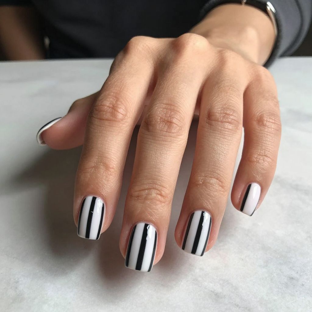 Striped Black And White Nails