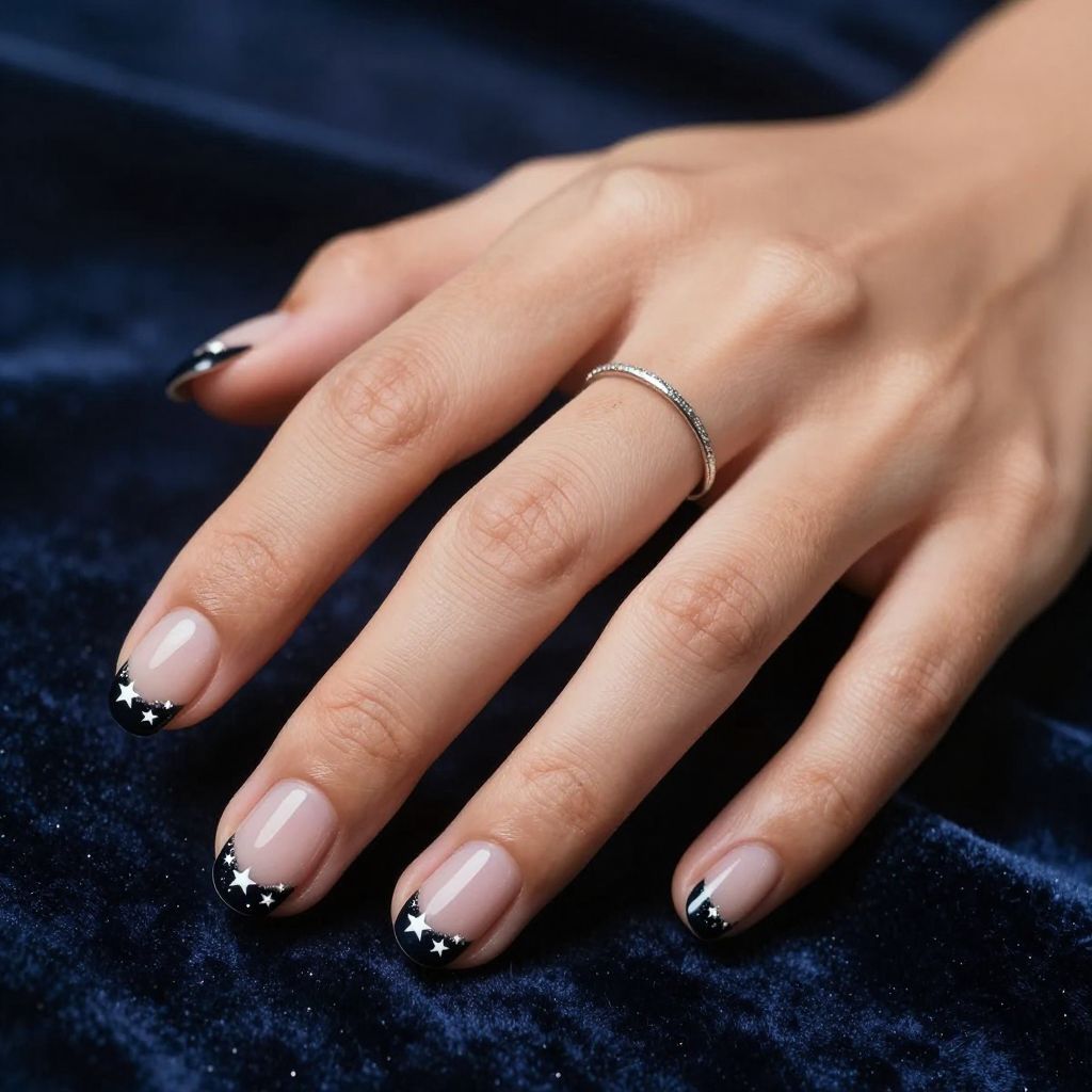 Black starry night French tip nails