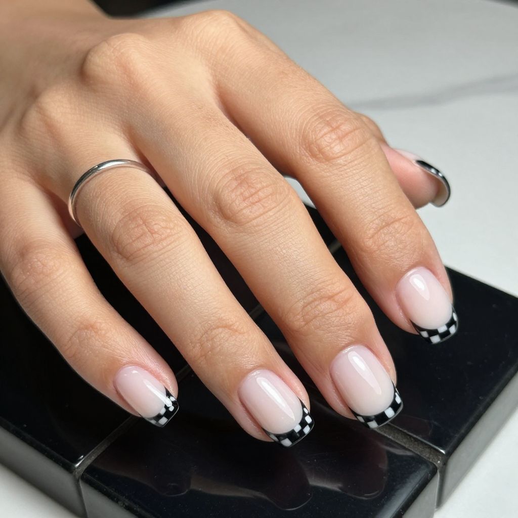 Black and white checker French nail design