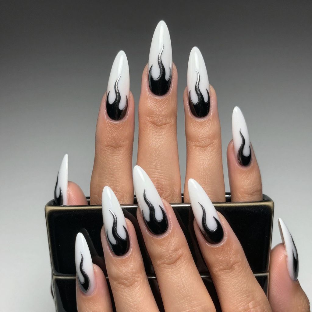 Black flame design on white nails