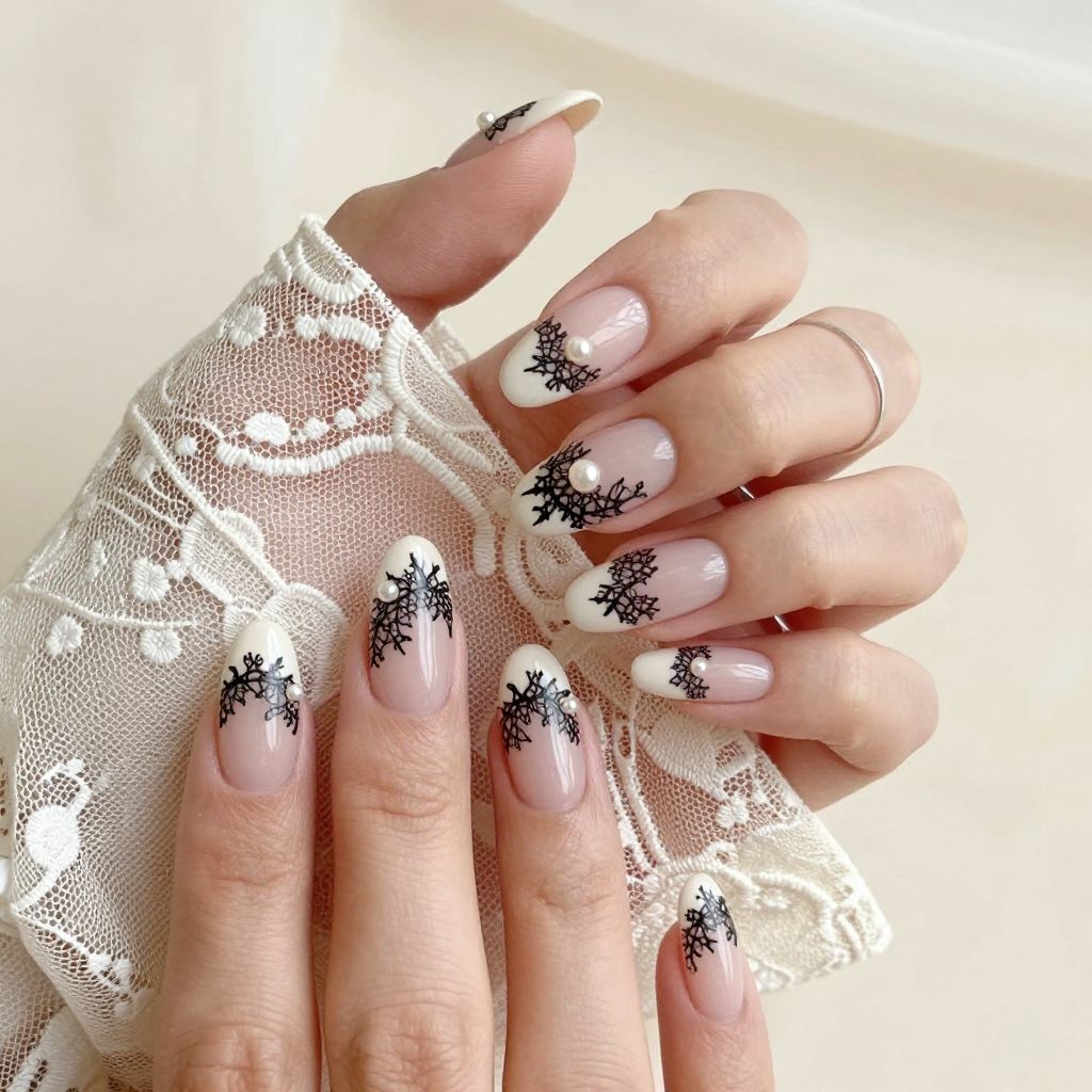 Black lace overlay on white nails