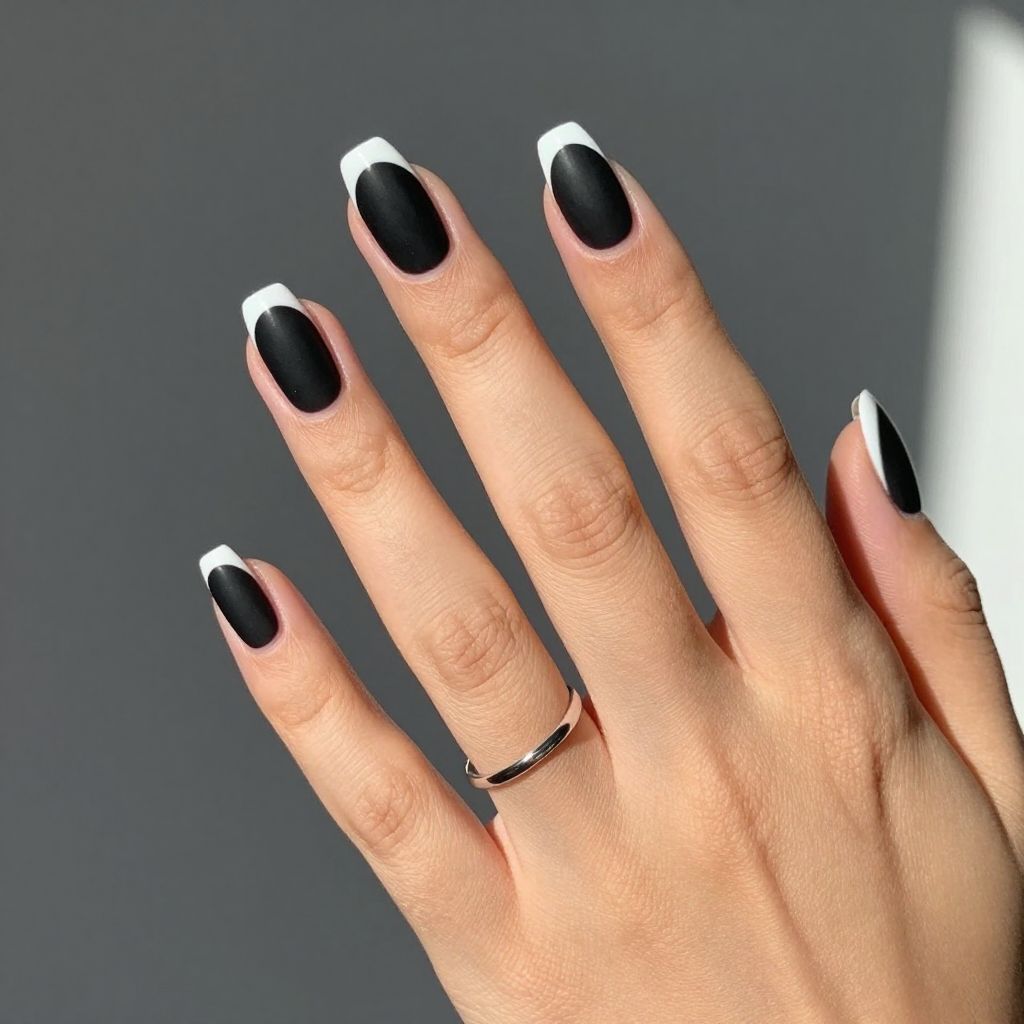 Black and white negative space arch nails