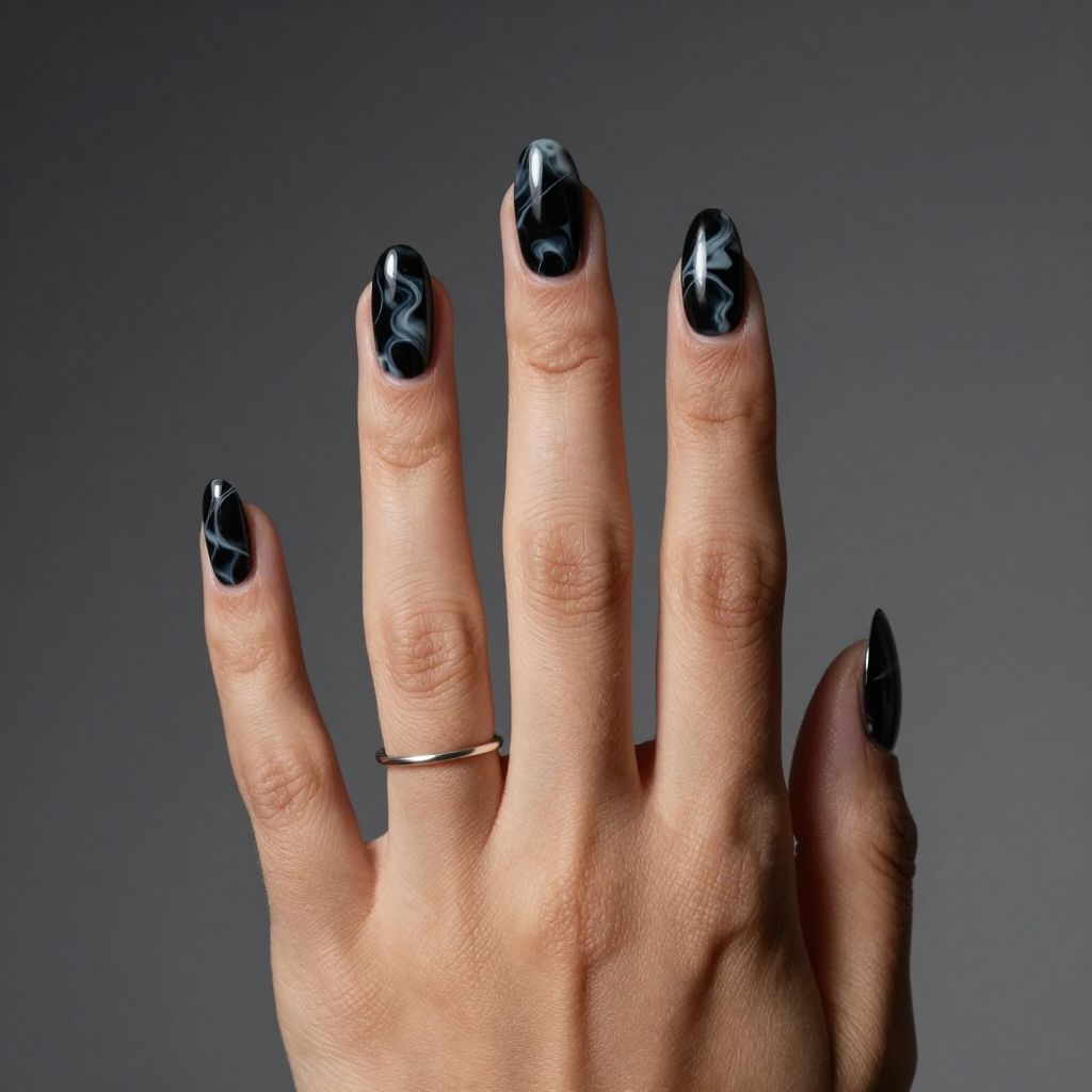 Black and white soft marble swirl nails