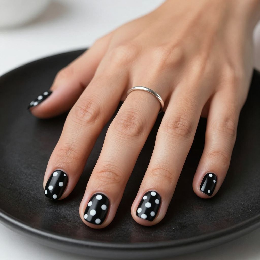 Black nails with white dotted design