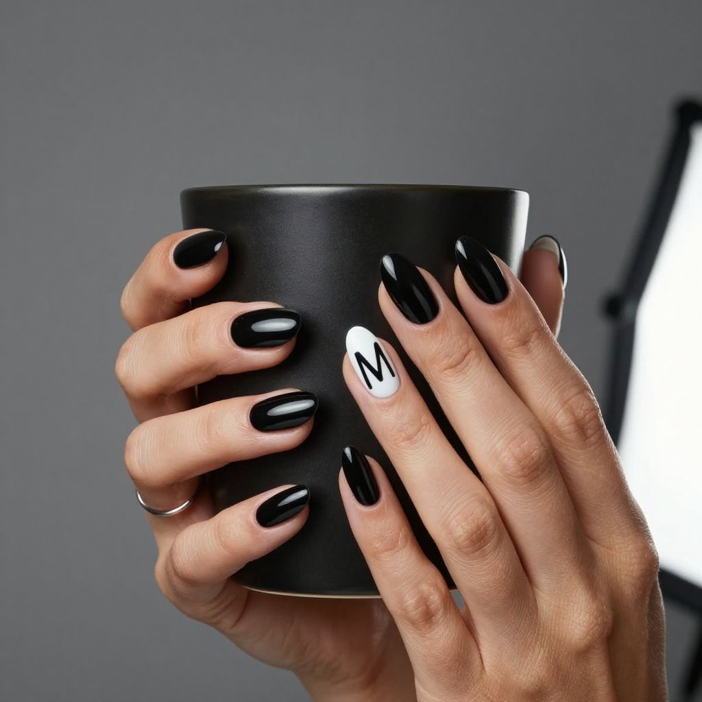 Black nails with white accent and initial letter