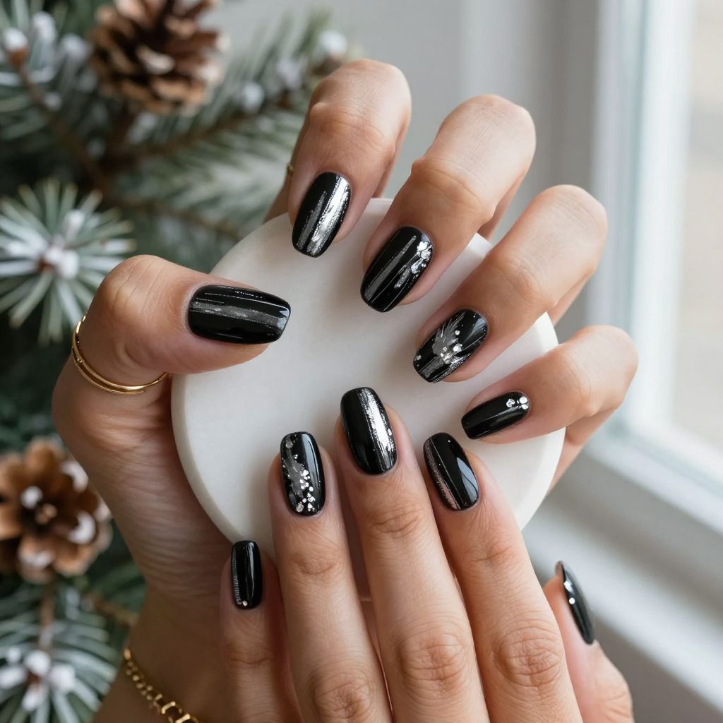 Black Nails with Silver Tinsel Effect