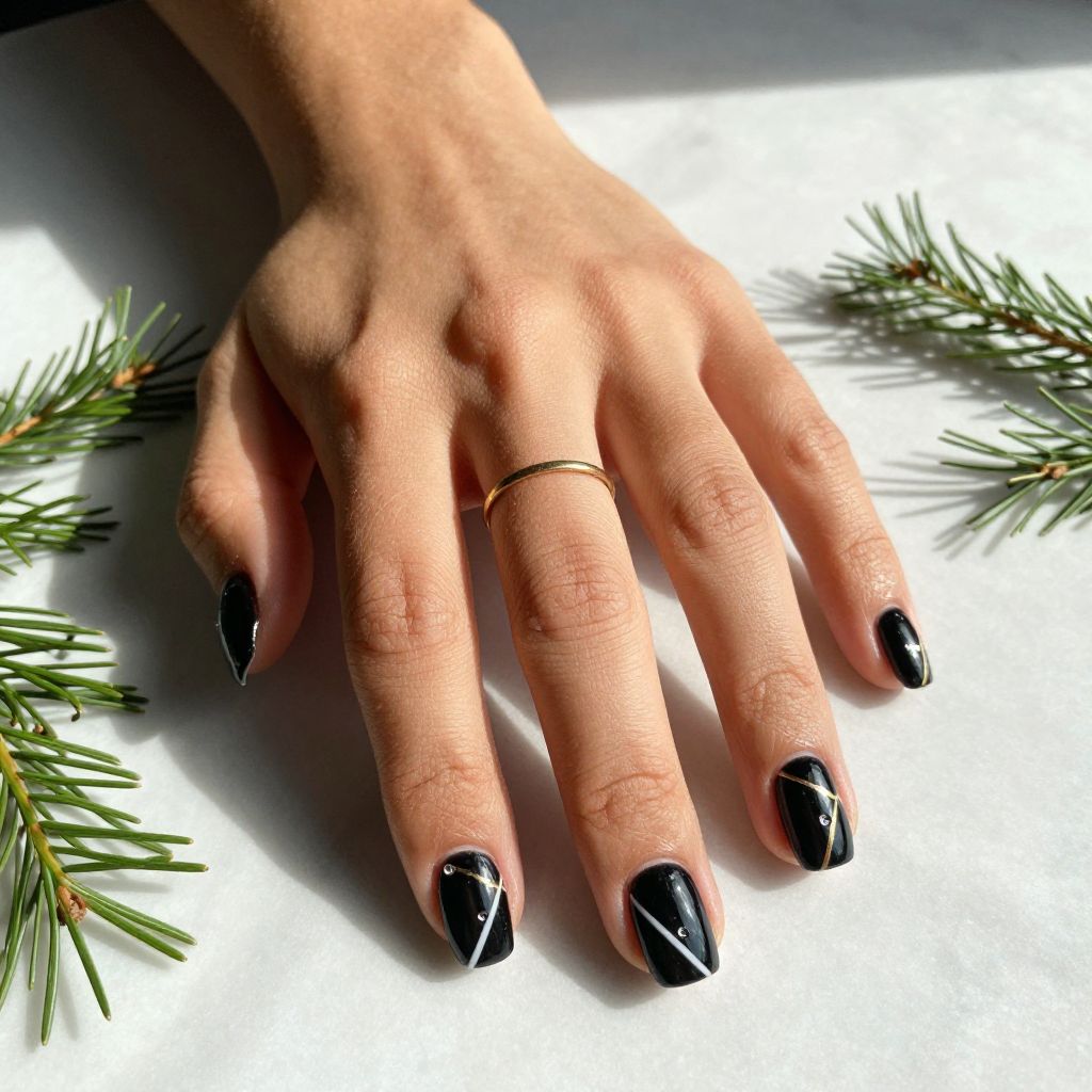 Black Nails with White and Gold Striping