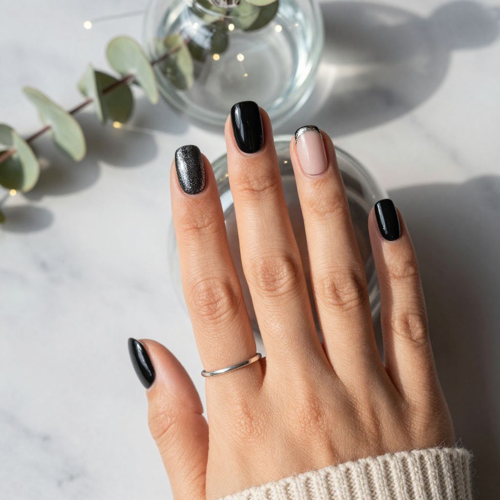 Black Nails with Subtle Glitter Cuticle Art