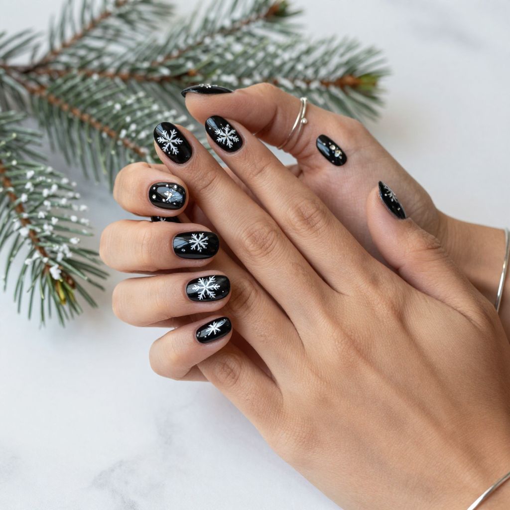 Black Nails with White Snowflake Art