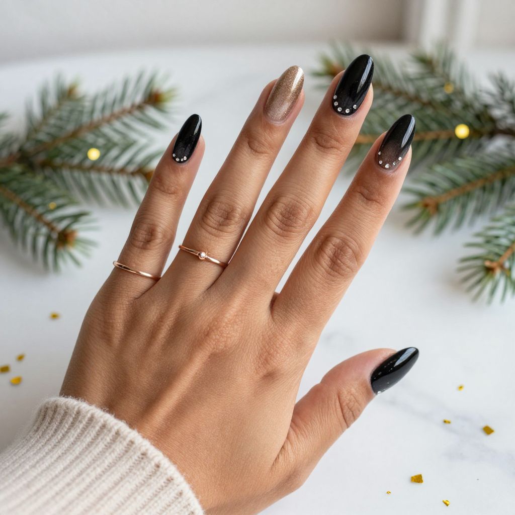 Black Nails with Champagne Sparkle Gradient