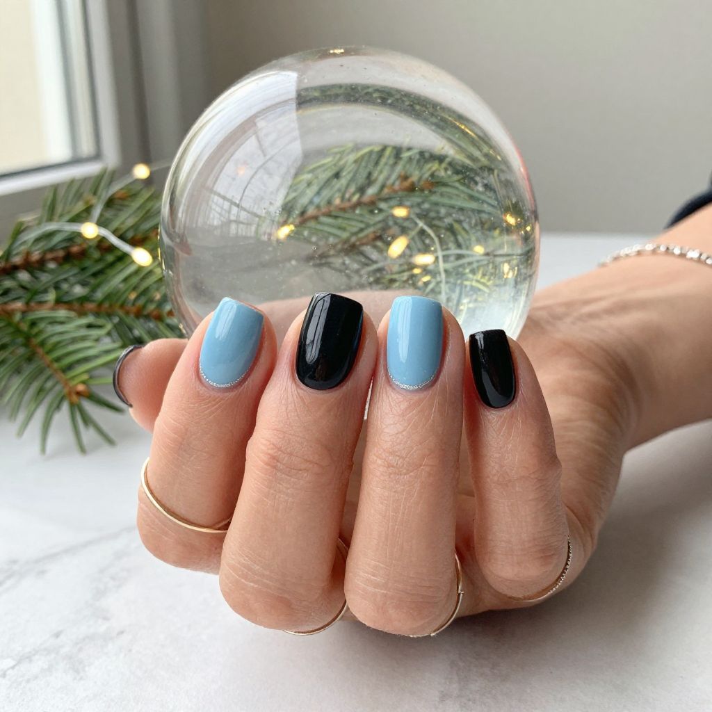 Black with Icy Blue Accent Nails