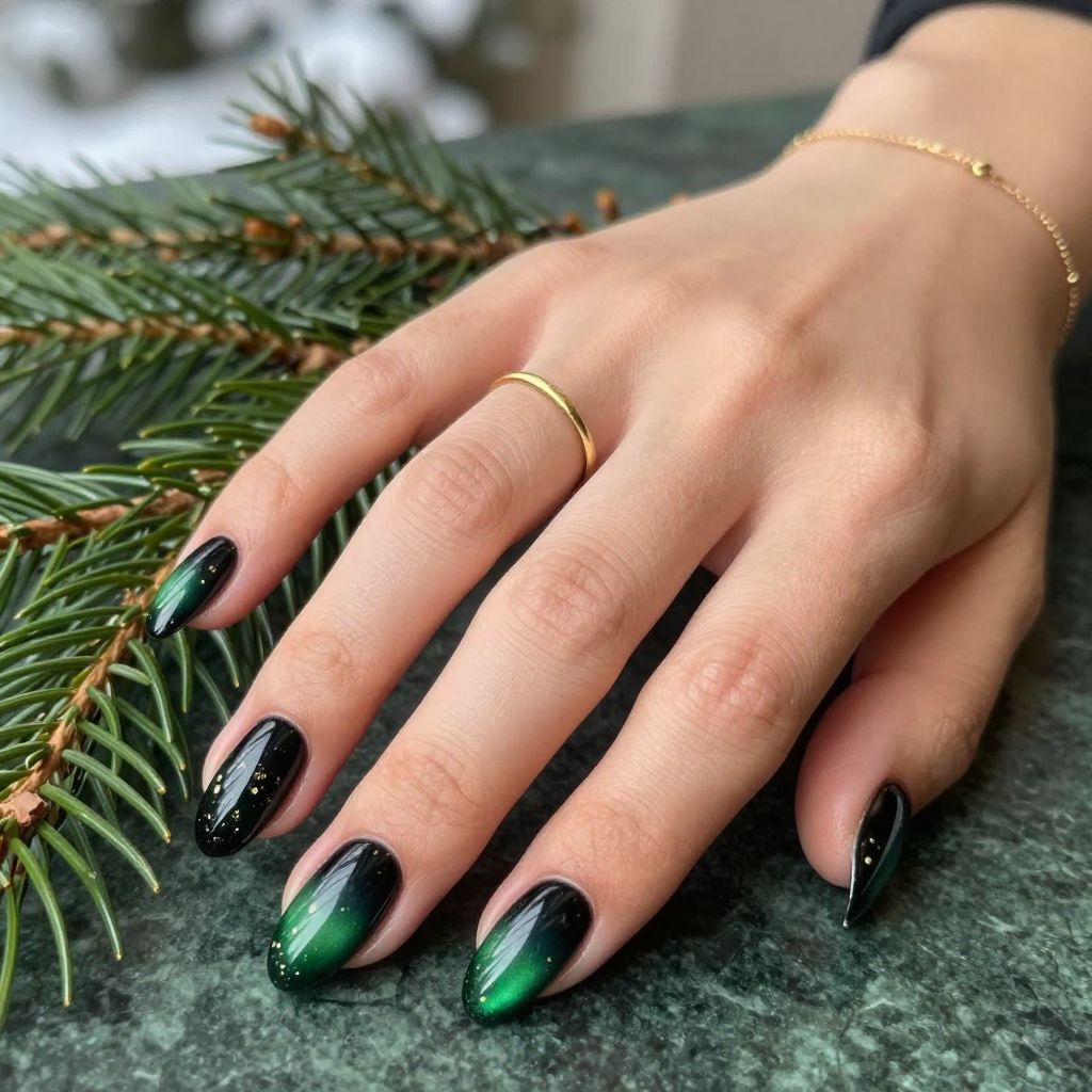 Black Ombre to Deep Green Christmas Nails