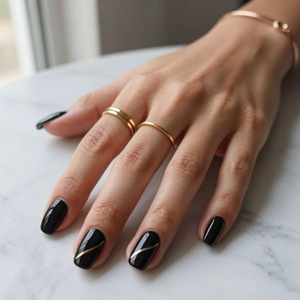 Black Coffin Nails With Minimal Line Art