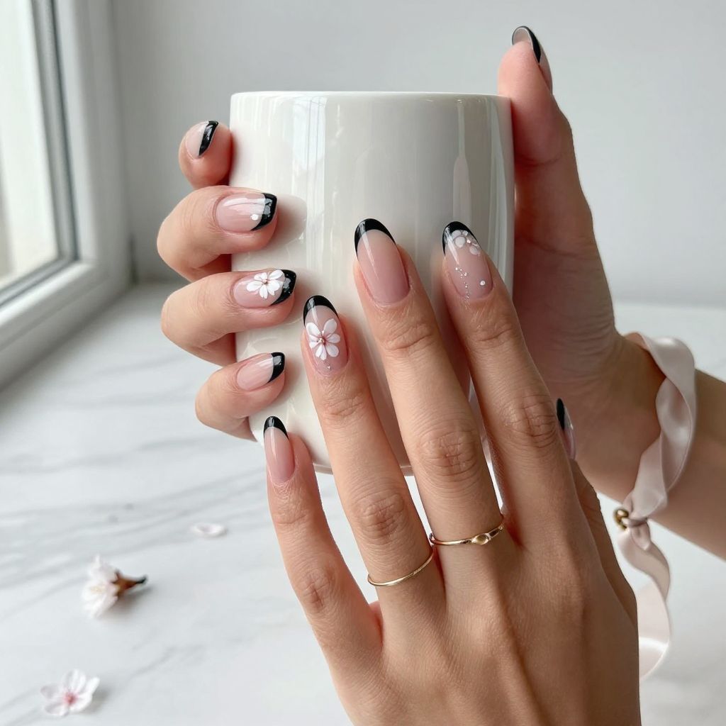 Black French Tips With Floral Accent Nails