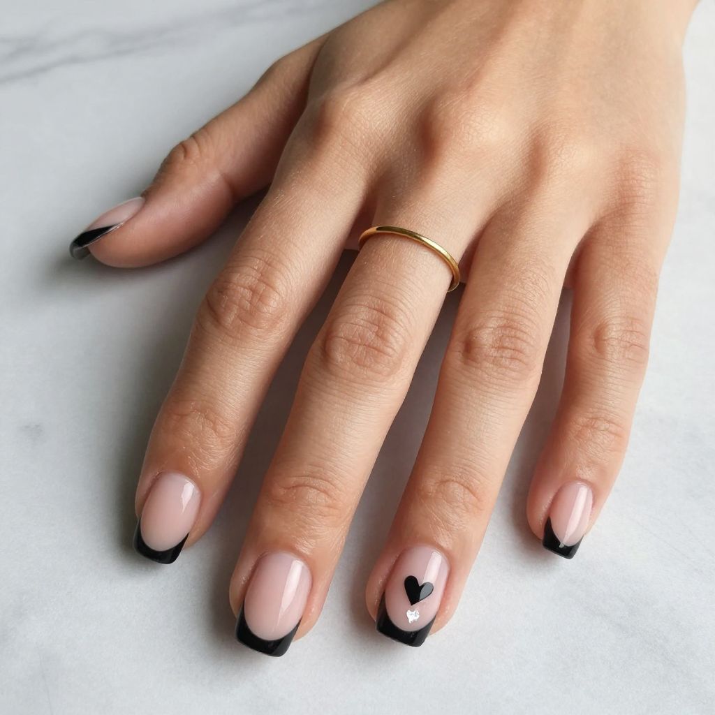 Black French Tips With Tiny Hearts