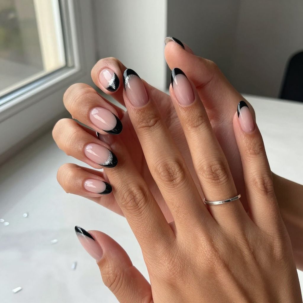 Black French Tips With Glitter Fade