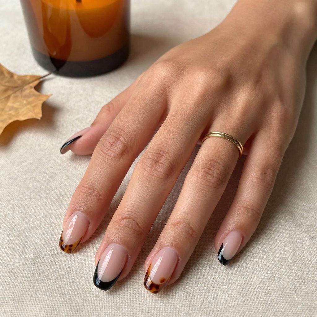 Black French Tips With Tortoiseshell Accents