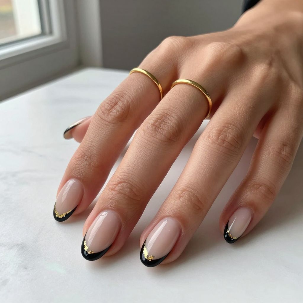 Black French Tips With Gold Foil