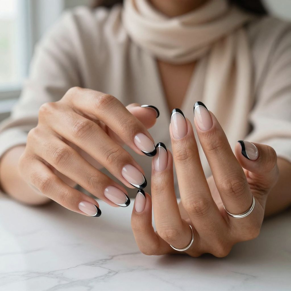 Black French Tips With Chrome Outline