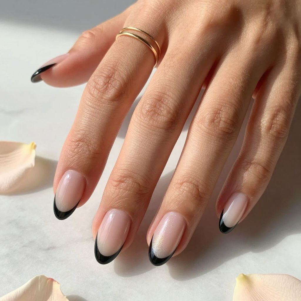Black French Tips With Soft Ombré Base