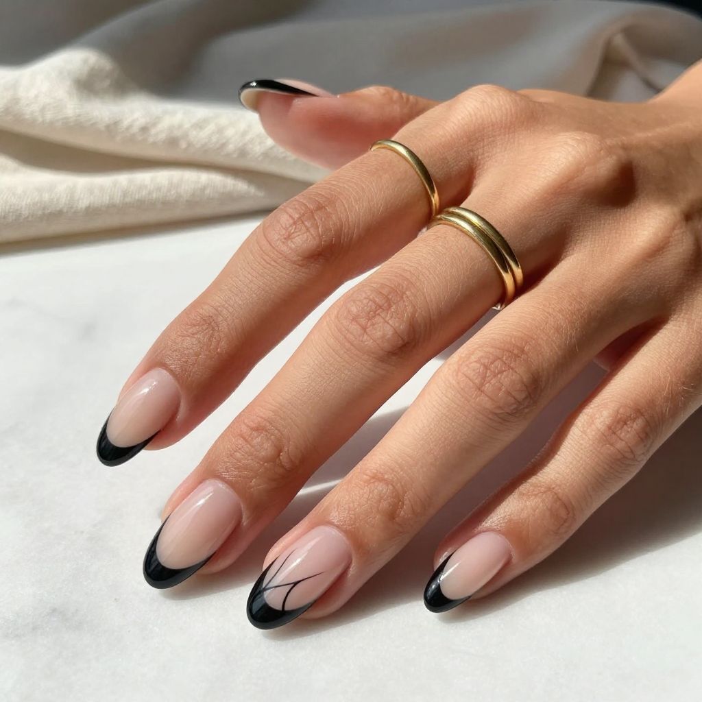 Black French Tips With Nude Negative Space