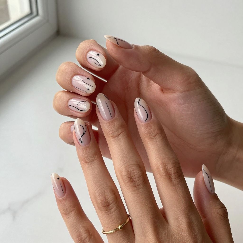 Black Minimalist Line Art Nails