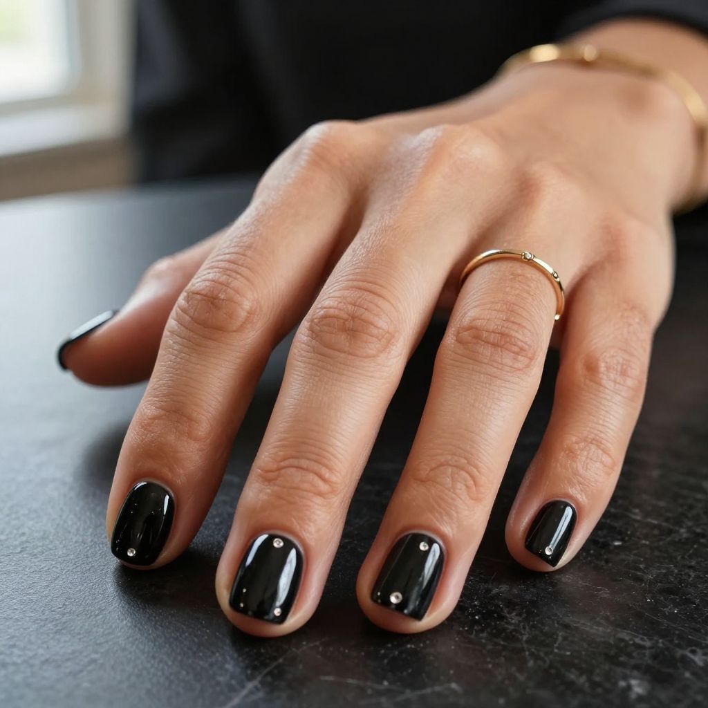 Short Black Nails With Tiny Rhinestones