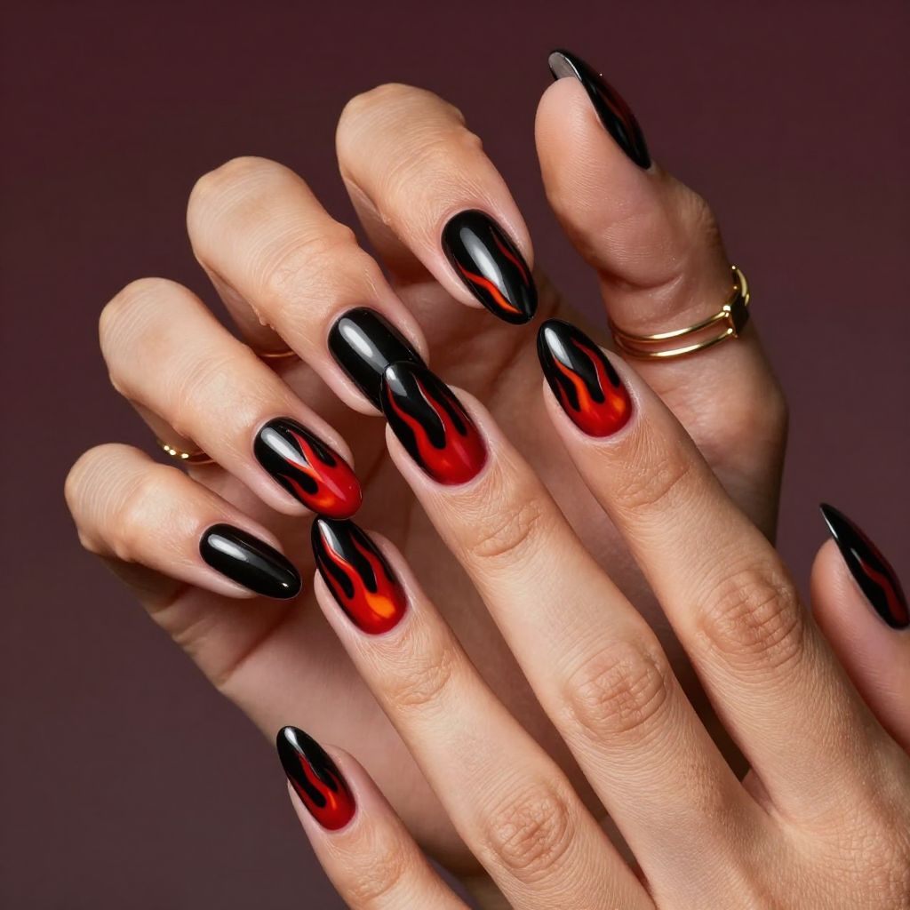 Black And Red Flame Nails
