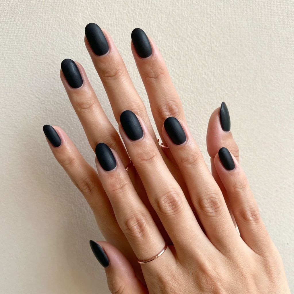 Almond Black Nails With Velvet Finish
