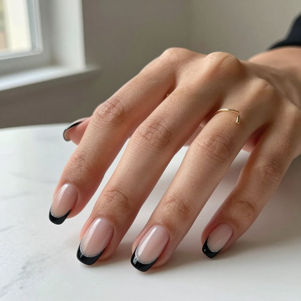 Black French Tips On Nude Base