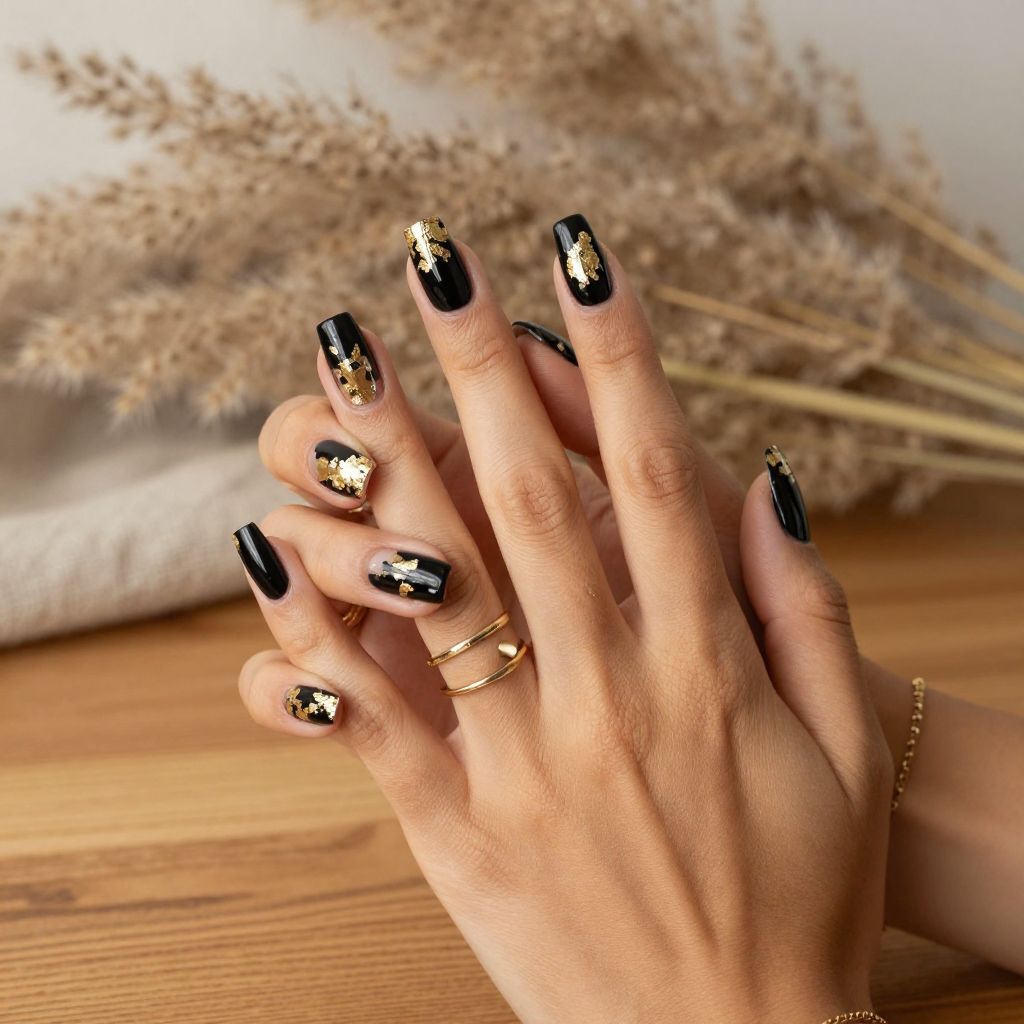 Black Nails With Gold Foil Accents