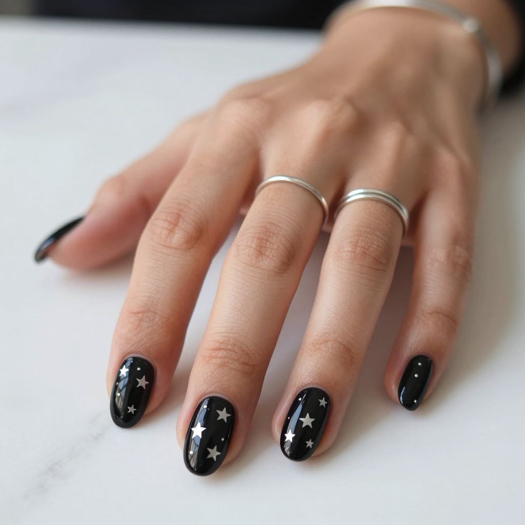 Black And Silver Star Nails