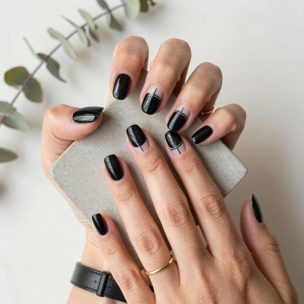 Black Nails With Negative Space Lines
