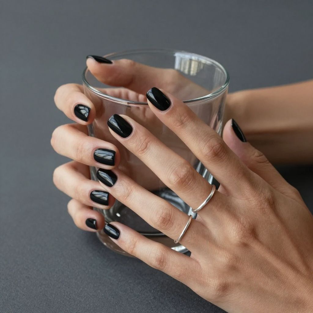 Glossy midnight classic black oval nails