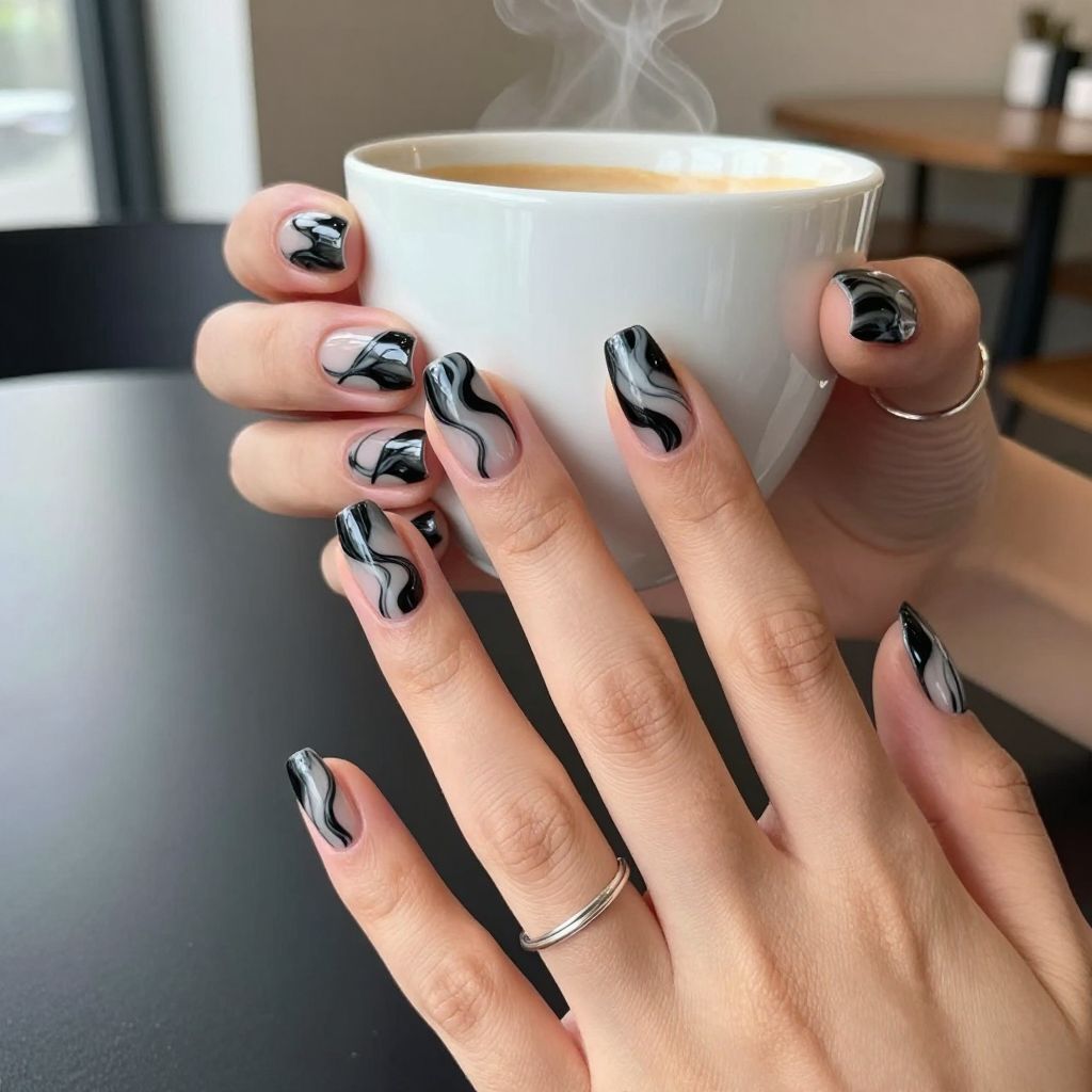 Black and white marble almond nails