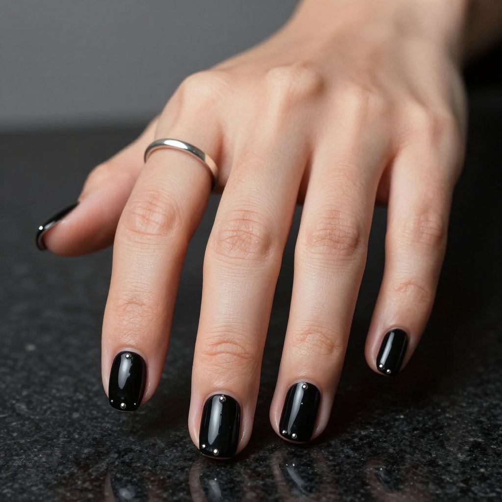 Glossy black nails with silver micro studs