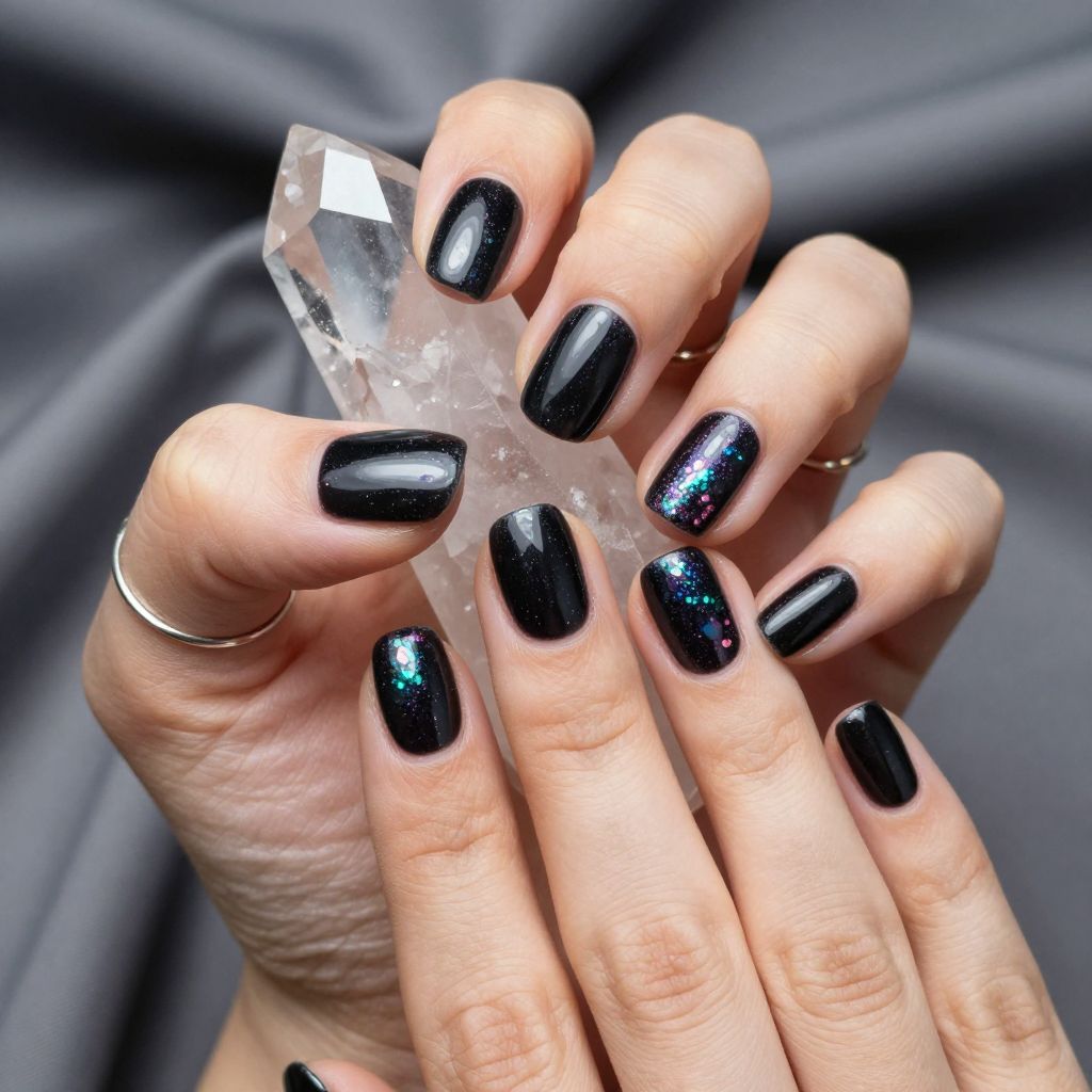 Black nails with holographic flakes
