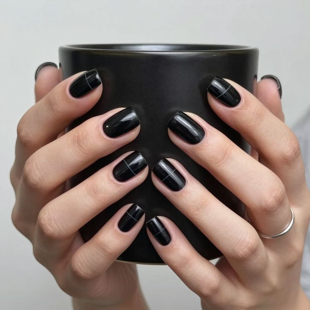 Black nails with negative space stripes