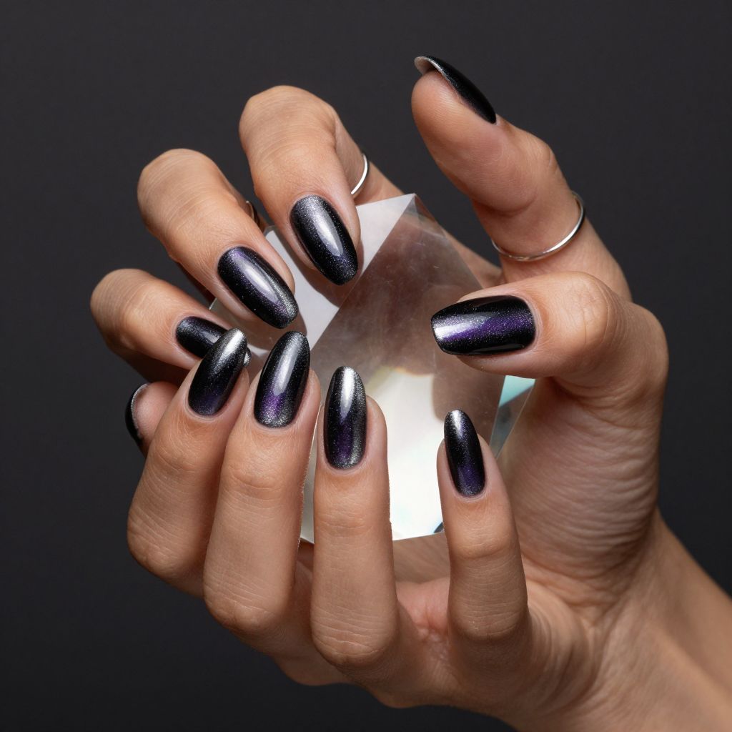 Black galaxy cat eye almond nails