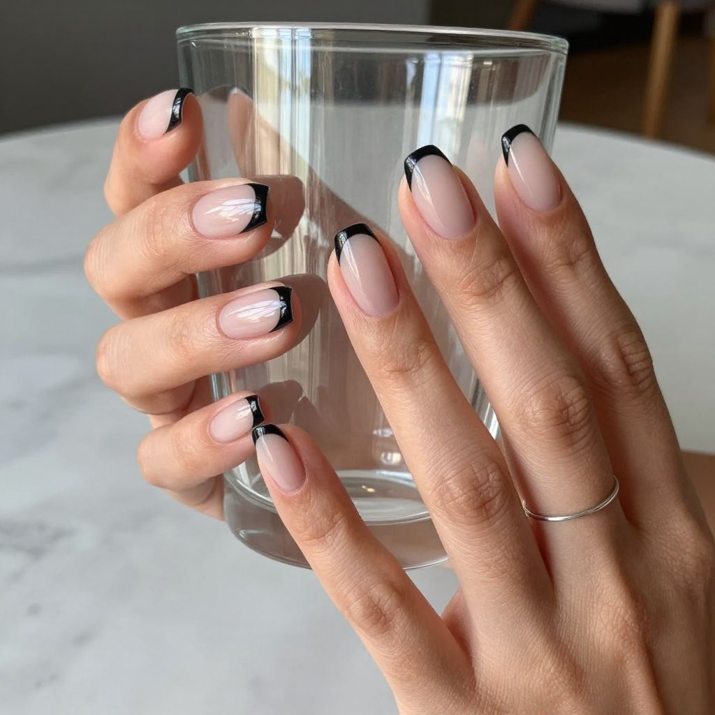 Black French tip on sheer nude base