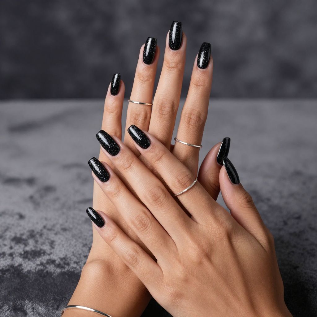 Black coffin nails with silver glitter speckles